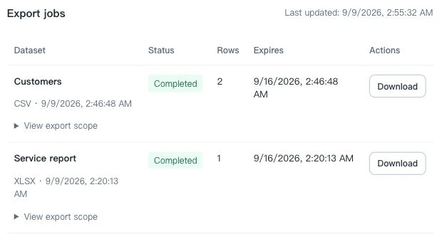 Completed exports, row counts, expiry and download actions.