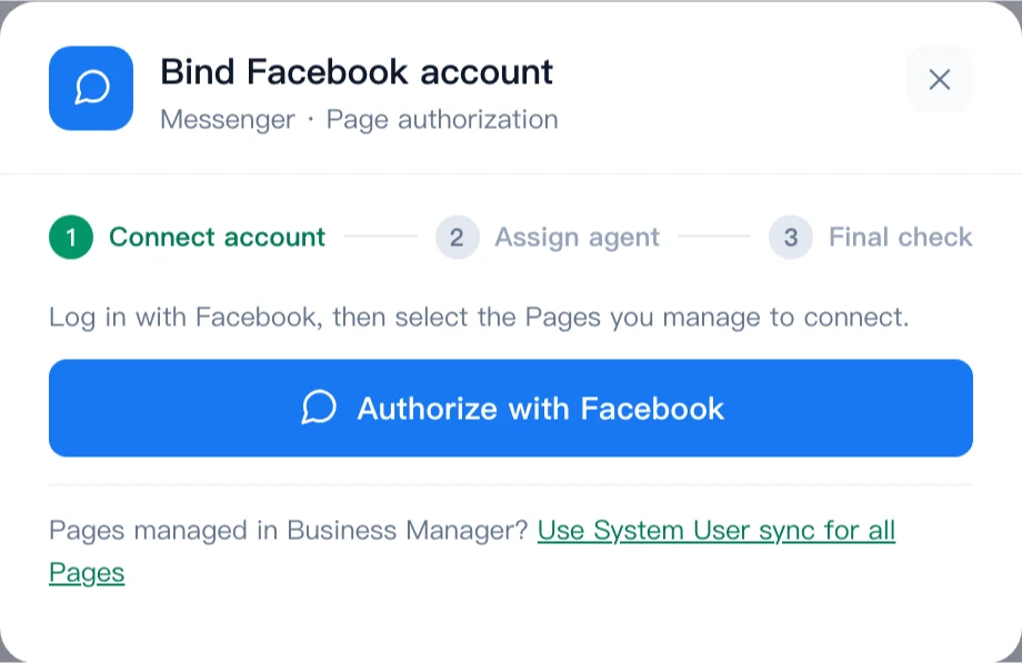 Facebook binding dialog with the sign-in button and the System User alternative