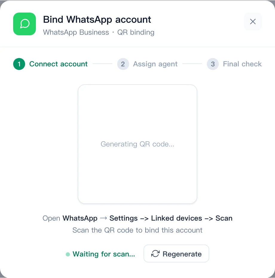 WhatsApp binding dialog with the QR area still generating, the scan instruction and the regenerate button