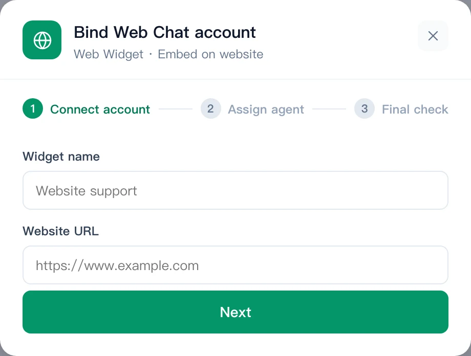 Web chat binding dialog with the widget name and website address fields