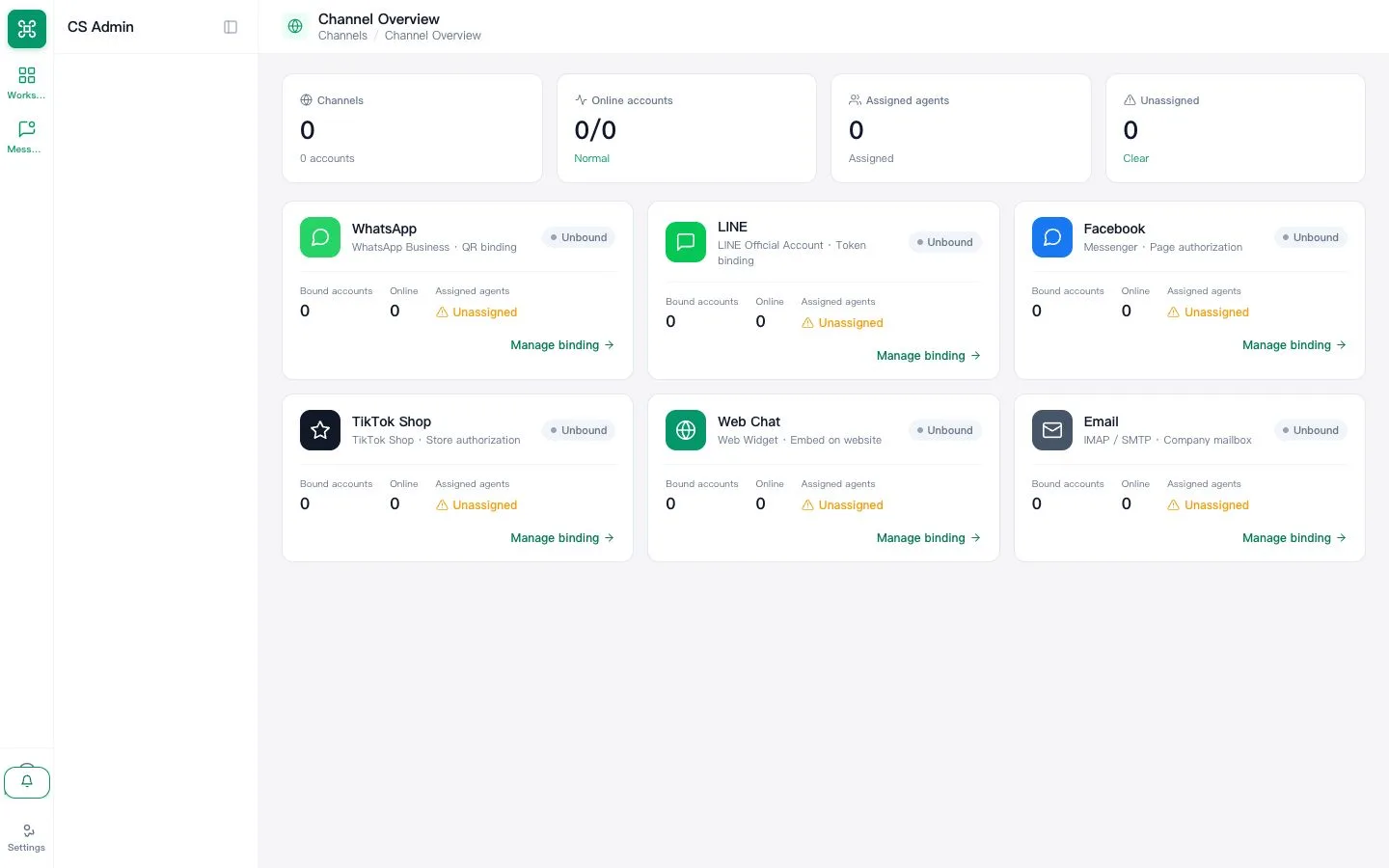 Channels page with supported connection options