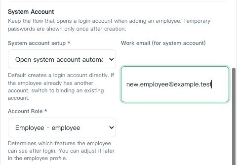Account setup, work email and account role in the employee form