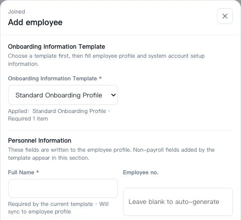 Onboarding template and employee identity fields