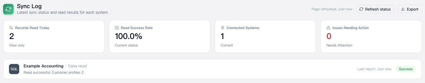 Sync Log: Refresh status and the latest read result