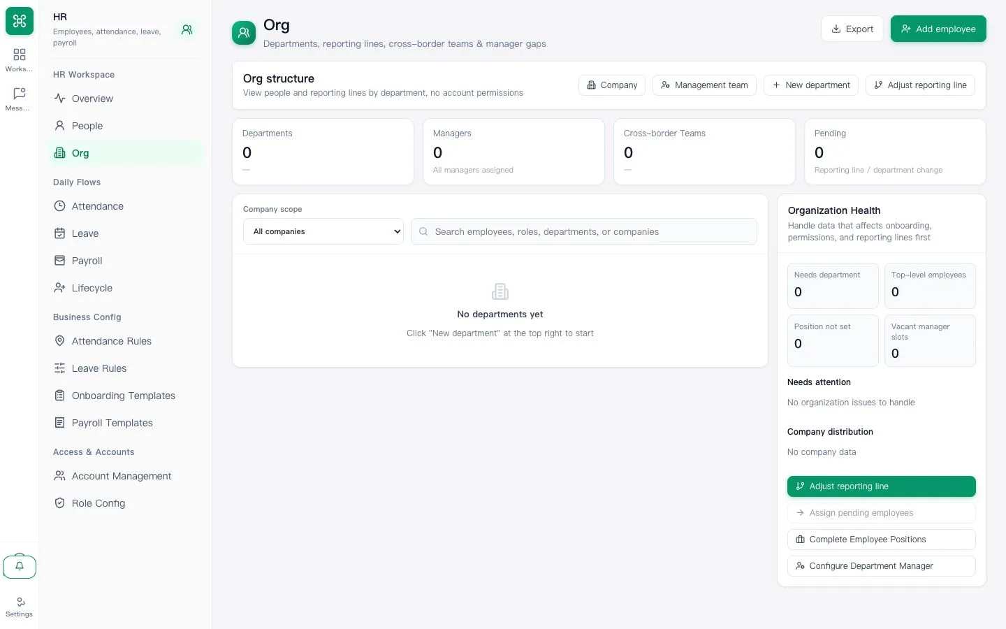 Organization page with an empty department list and setup controls