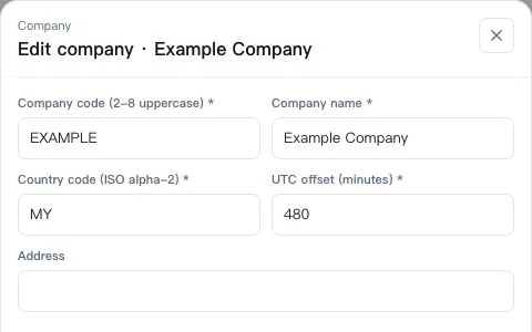 Company name, country and UTC offset settings