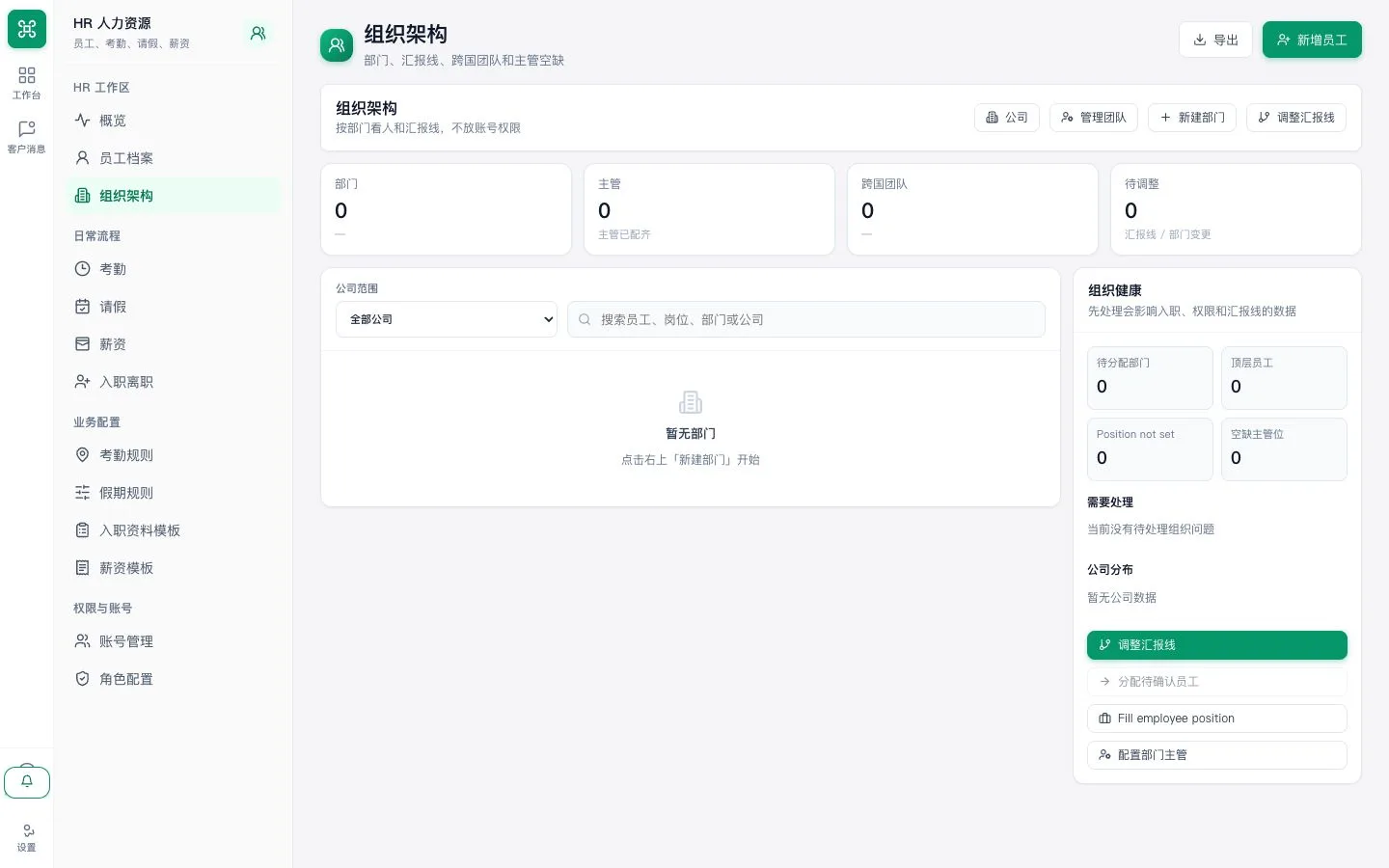 组织架构页面，显示空的部门列表与配置入口