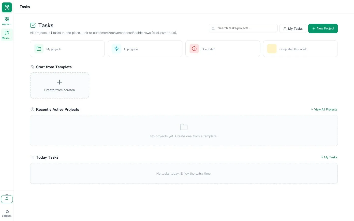 Tasks page with project status cards and an empty task list